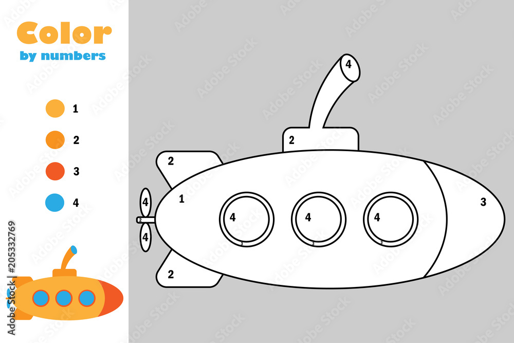 Submarine in cartoon style color by number education paper game for the development of children coloring page kids preschool activity printable worksheet vector illustration vector