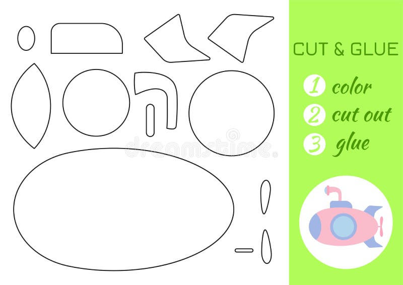 Color cut and glue paper pink submarine cut and paste craft activity page educational game for preschool children stock vector