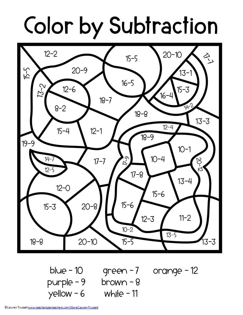 Subtraction color by number food themed subtraction worksheets addition and subtraction worksheets color worksheets