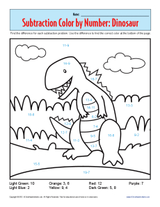 Subtraction color by number dinosaur kindergarten st grade math worksheets