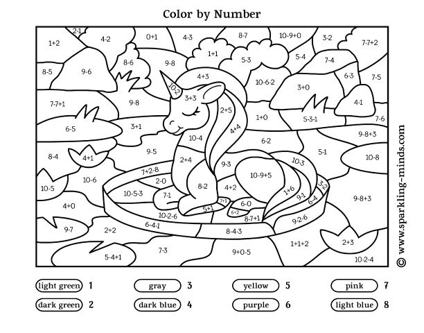 Help kids practice addition and subtraction with this unicorn color by number worâ math coloring worksheets addition coloring worksheet addition and subtraction