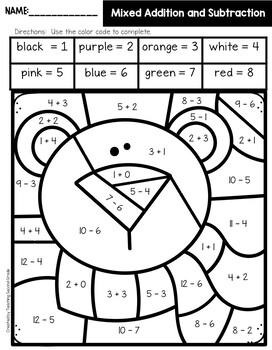 Winter addition and subtraction color by code
