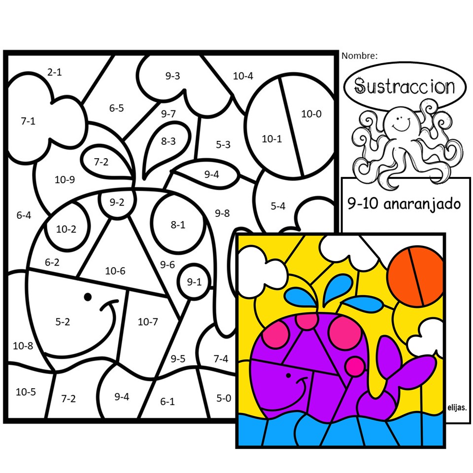 Spanish color by number subtraction to ocean made by teachers