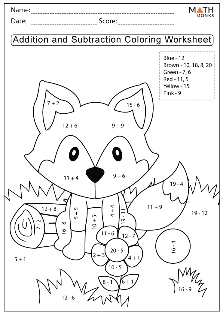 Addition and subtraction coloring worksheets with answer key