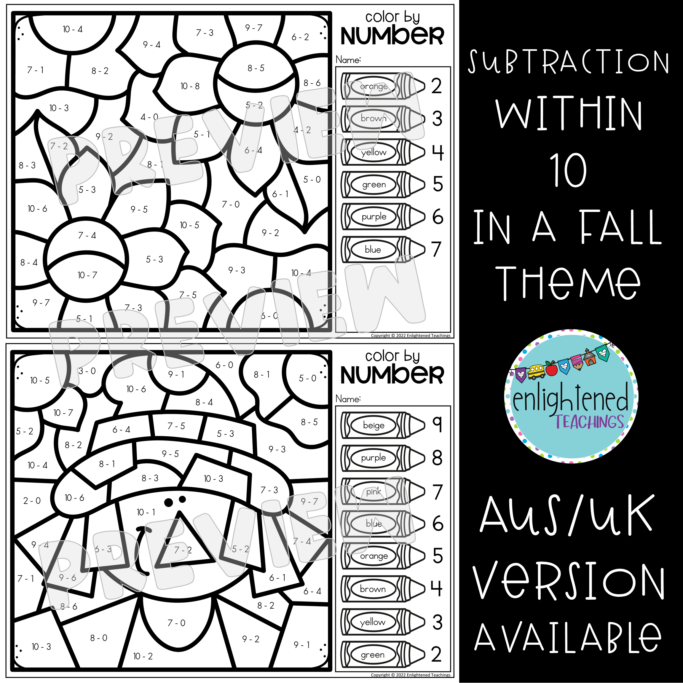 Autumn fall subtraction within color by code number no prep worksheets made by teachers
