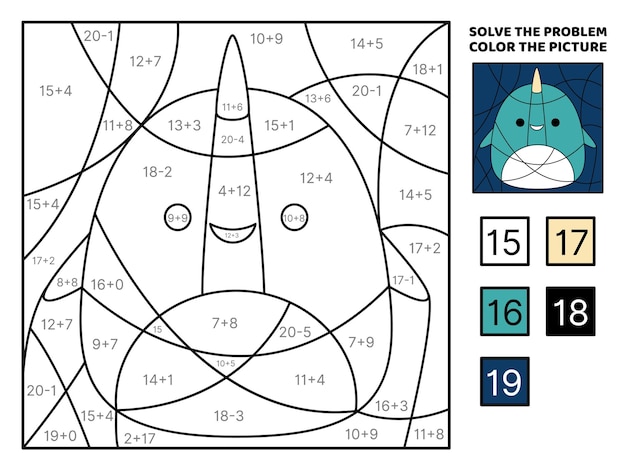 Premium vector narwhal solve the problem color the picture addition subtraction coloring book vector
