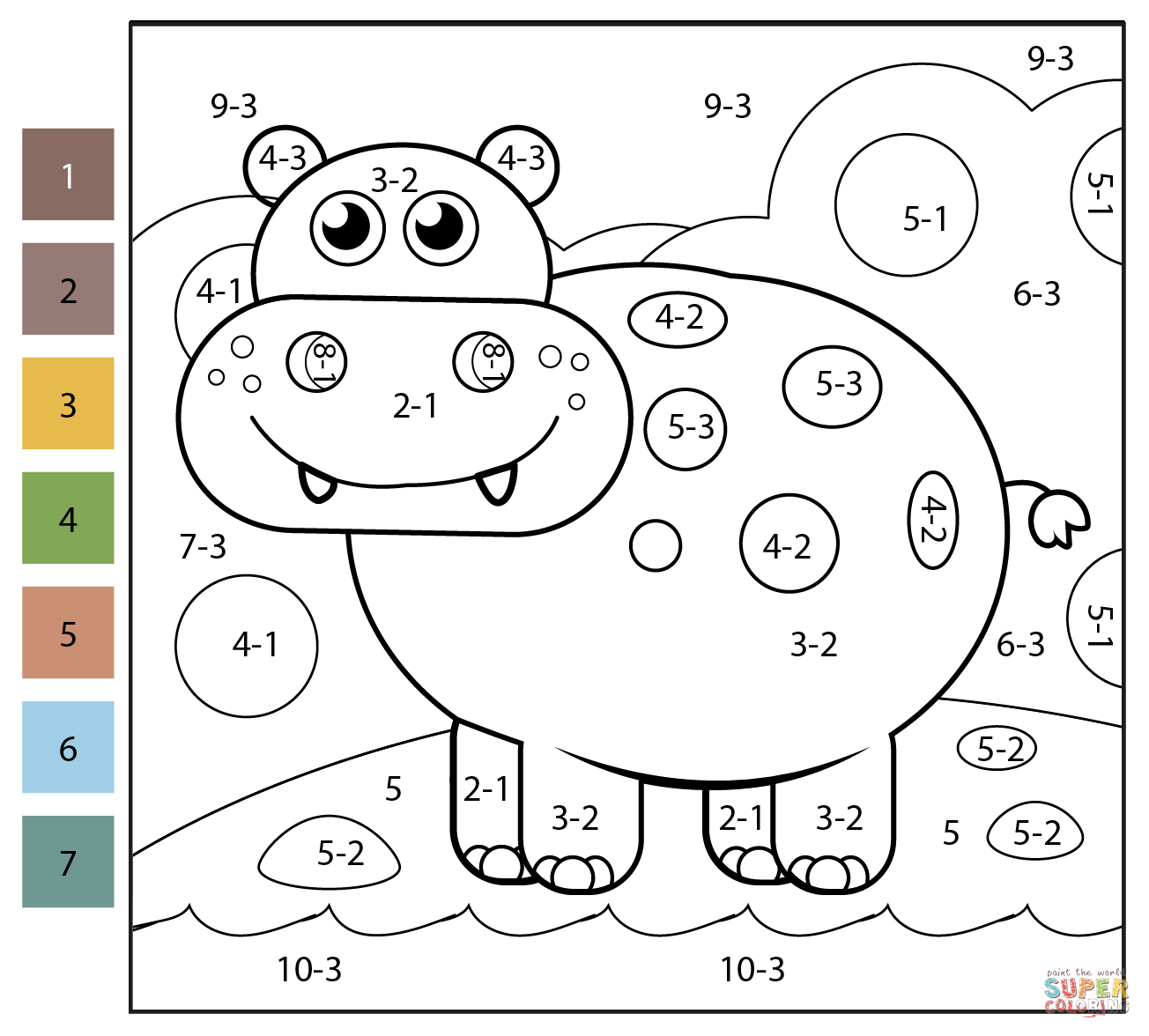 Subtraction color by number hippopotamus free printable coloring pages