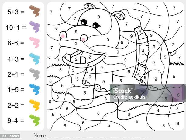 Paint color by numbers addition and subtraction worksheet for education stock illustration