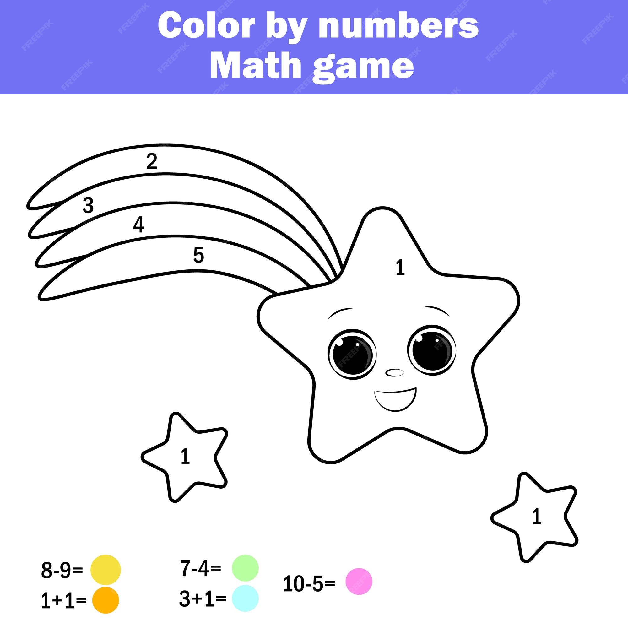 Premium vector children educational game mathematics actvity color by numbers printable worksheet coloring page with falling star learning addition and subtraction counting game