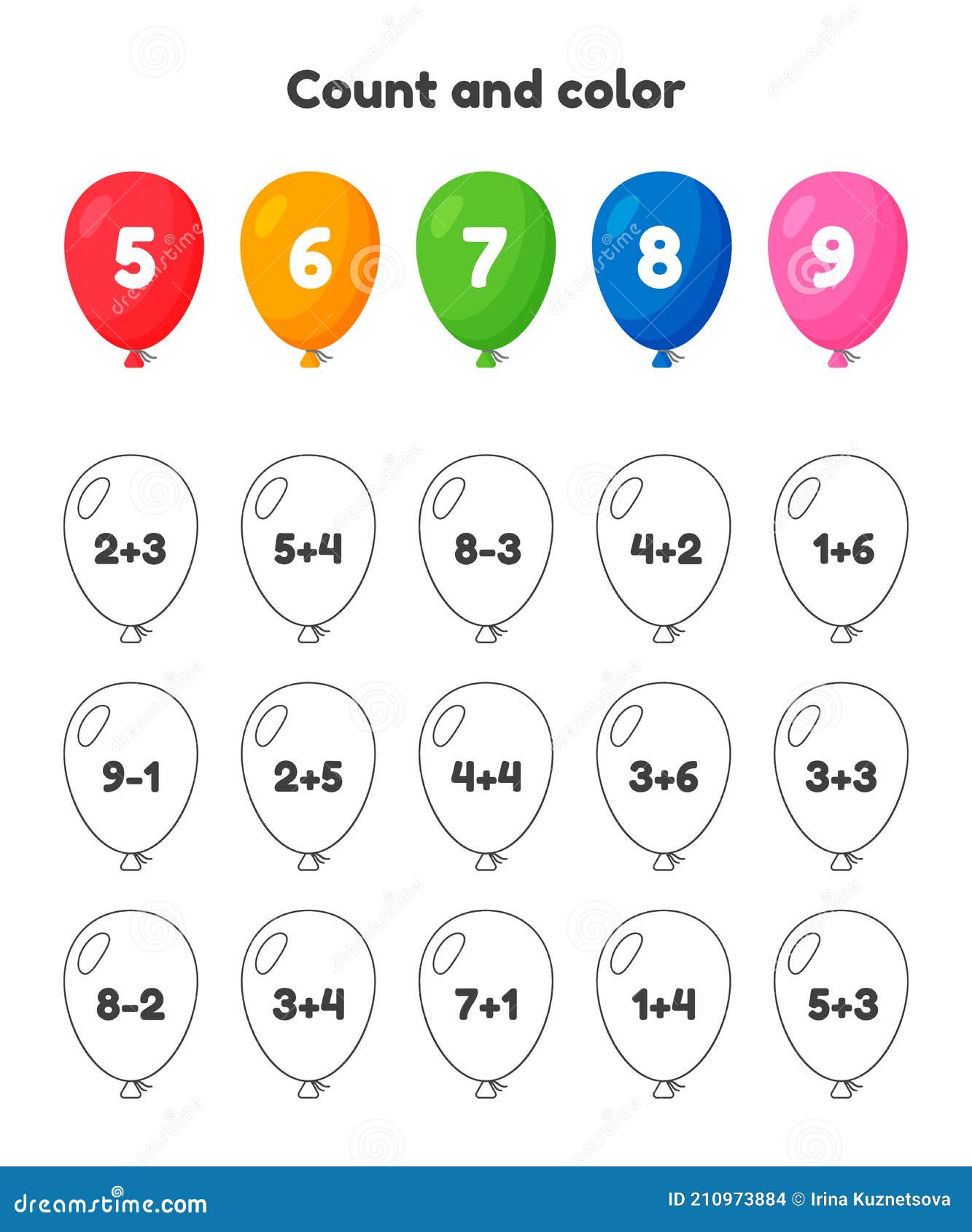 Coloring book number for kids worksheet for preschool kindergarten and school age addition and subtraction count and color stock vector