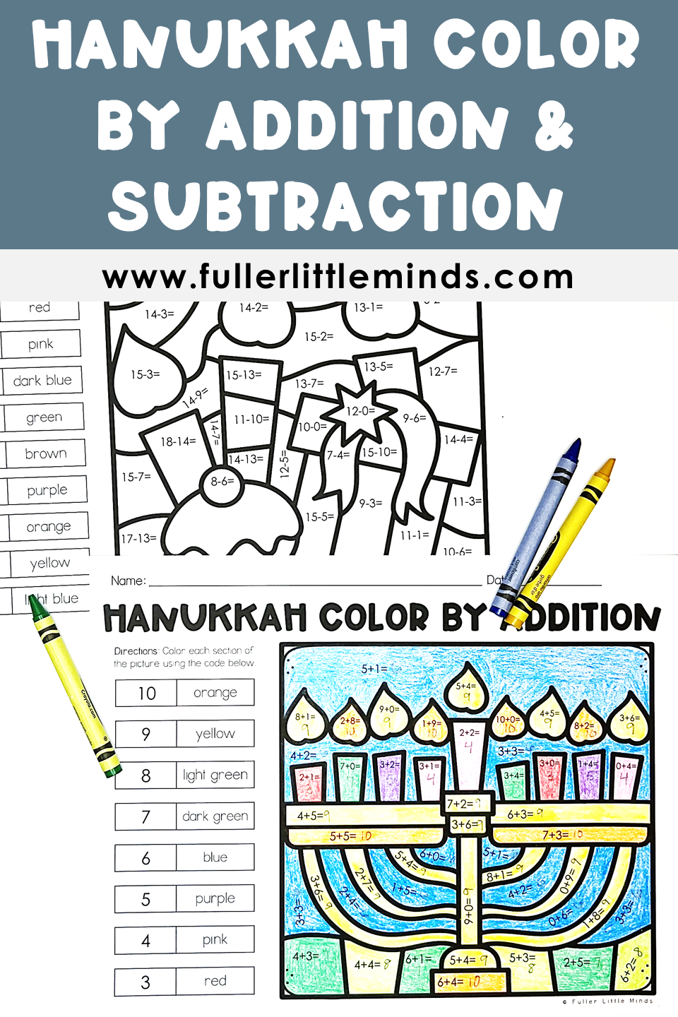 Hanukkah color by code addition and subtraction â fuller little minds teacher blog