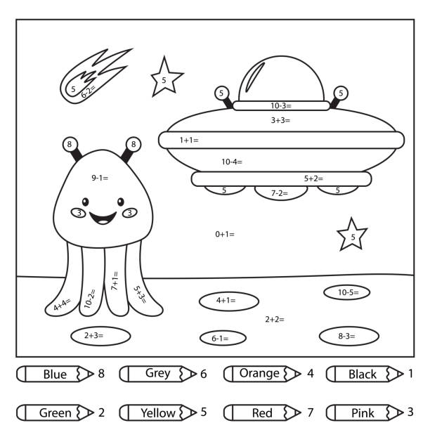 Educational coloring page for kids paint color by subtraction and addition numbers cute cartoon kawaii alien and ufo space theme vector illustration stock illustration