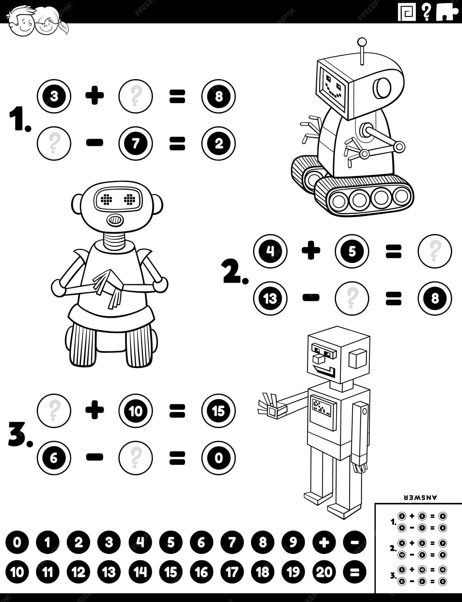 Premium vector addition and subtraction worksheet with robots coloring page