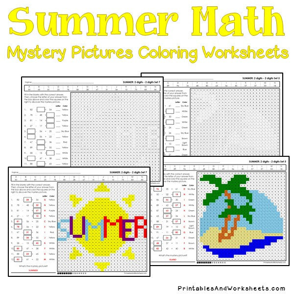 Summer subtraction mystery pictures coloring worksheets