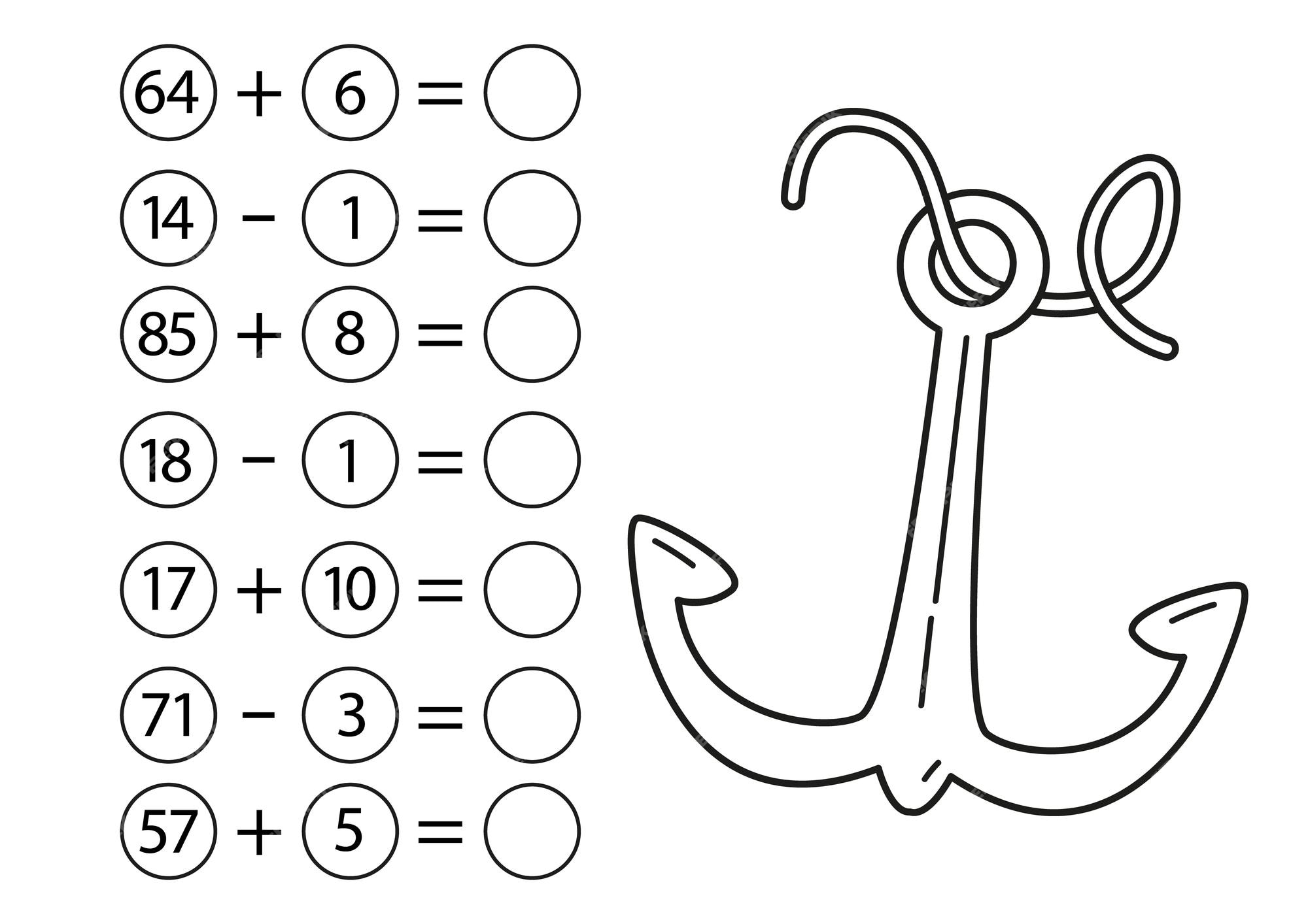 Premium vector childrens math game subtraction and addition of numbers sea anchor coloring page mini task write