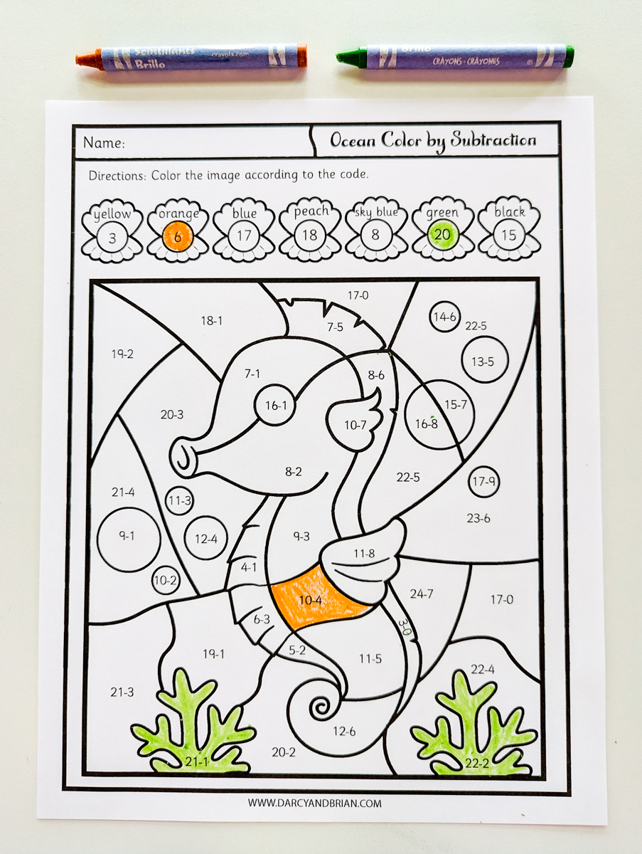 Printable ocean animals color by subtraction worksheets for kids