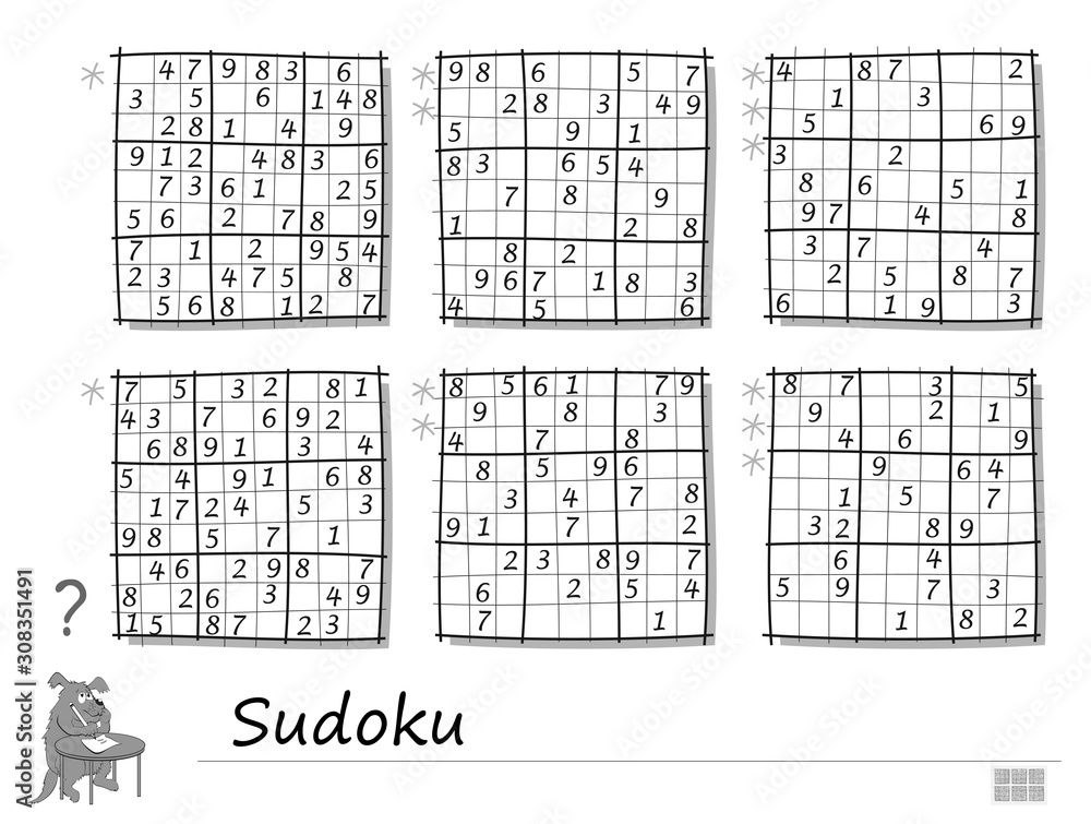 Set of sudoku puzzles difficulty levels logic game for children and adults printable page for kids brain teaser book developing counting skills iq training test black and white vector image