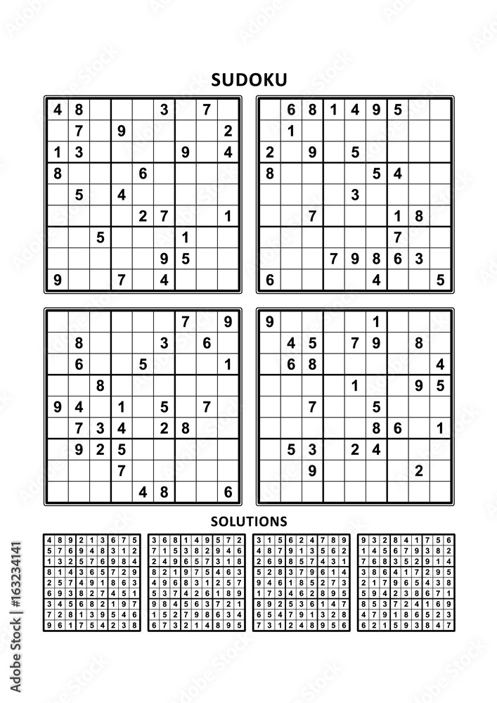 Four sudoku puzzles of fortable easy yet not very easy level on a or letter sized page with margins suitable for large print books answers included set vector