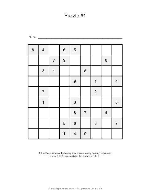 Free printable sudoku puzzles