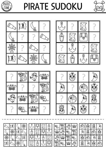 Premium vector black and white vector pirate sudoku puzzle for kids with pictures simple line treasure island quiz with answer education activity or coloring page draw missing objectsxa