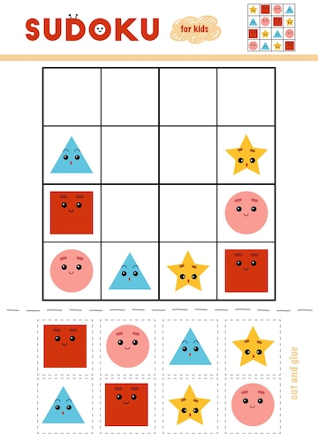 Premium vector sudoku for children education game set of geometric shapes use scissors and glue to fill the missing elements