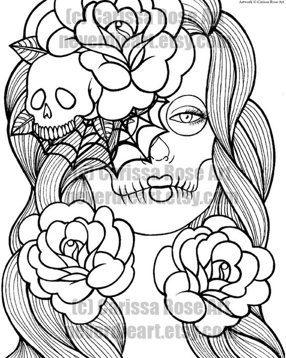 Digital download print your own coloring book outline page wash away sugar skull girl by carissa rose instant download