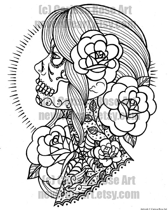 Digital download print your own coloring book outline page sugar skull girl tattoo flash by carissa rose