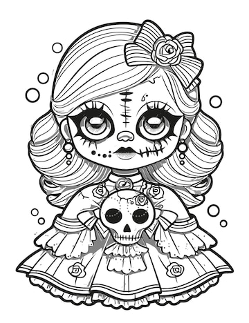 Premium vector doll with scary sinister expression spooky gothic horror coloring page clean line drawing strong
