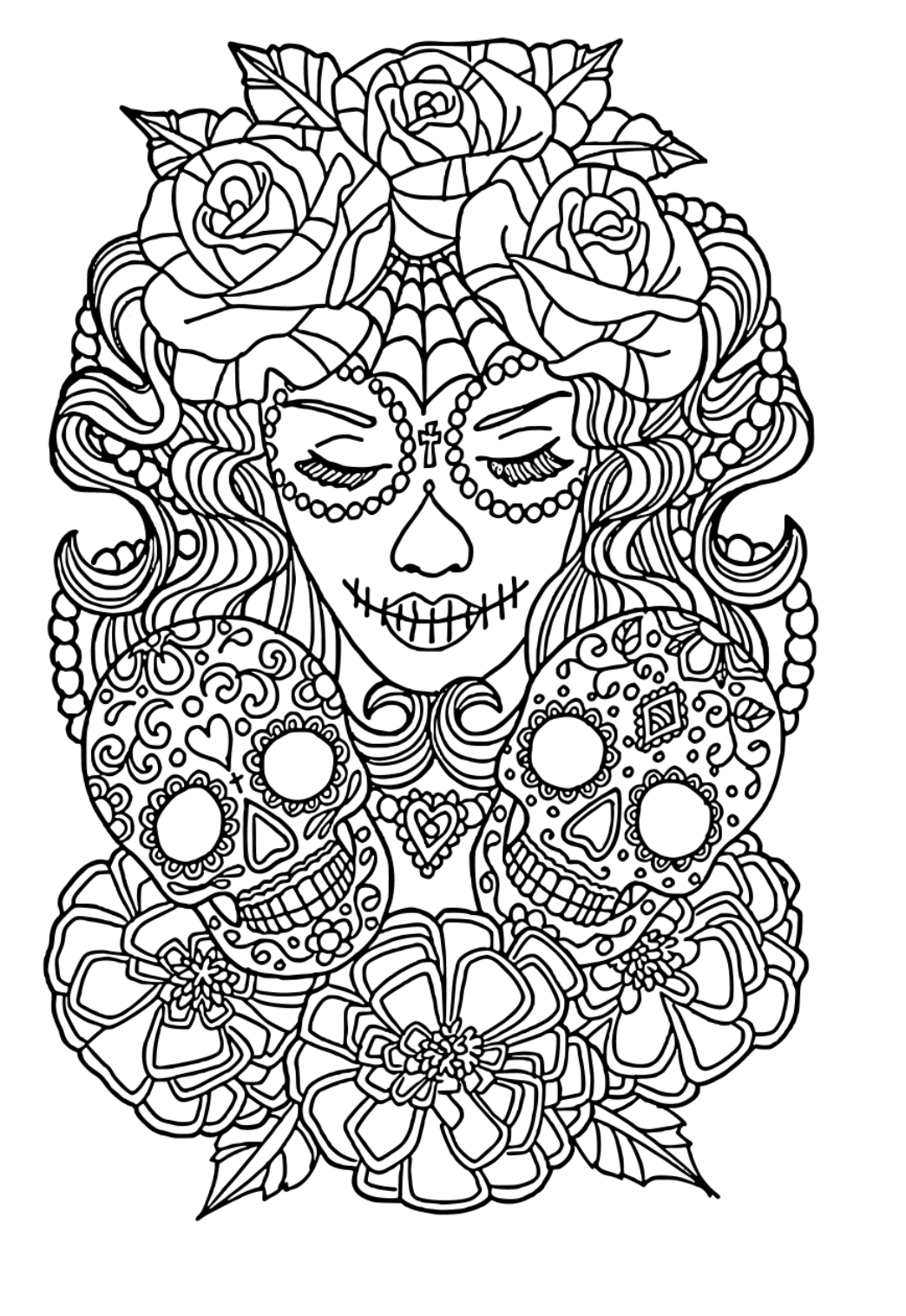 Free printable sugar skull roses coloring page for adults and kids
