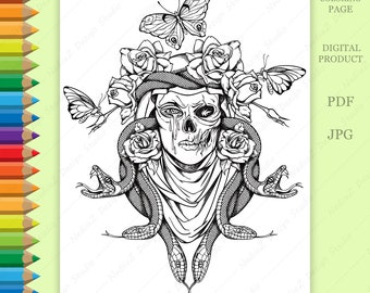 Horror coloring page of illustration with skull snakes butterflies and roses printable adult coloring page digital download