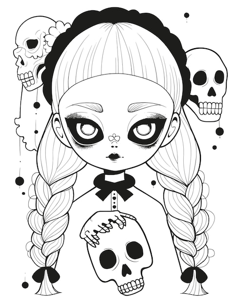 Premium vector doll with scary sinister expression spooky gothic horror coloring page clean line drawing strong