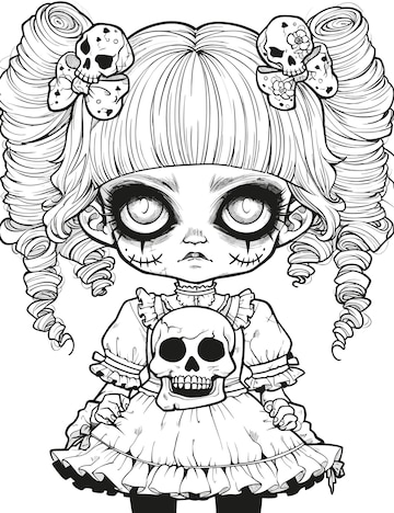 Premium vector doll with scary sinister expression spooky gothic horror coloring page clean line drawing strong