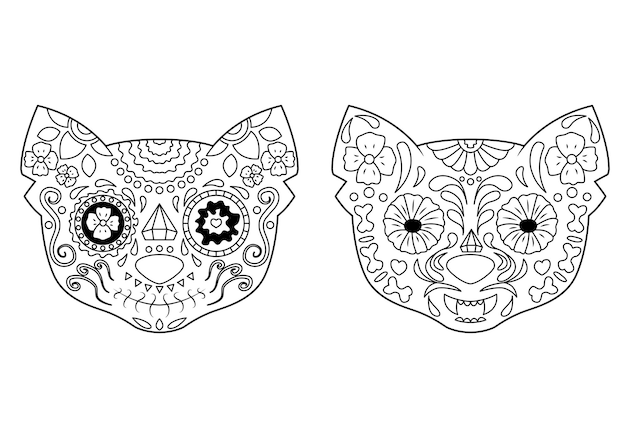 Premium vector two cat sugar skulls the day of the dead coloring book design element for poster card banner