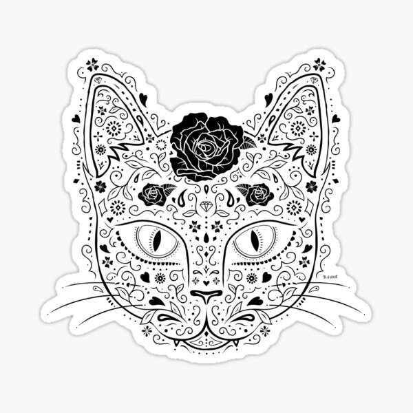 Sugar skull cat in black and beige sticker for sale by dina june toomey