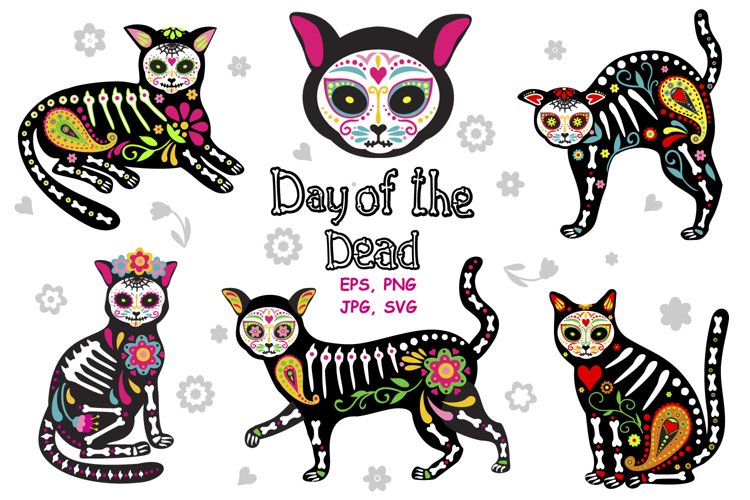 Cats sugar skulls day of the dead animal skeleton png svg
