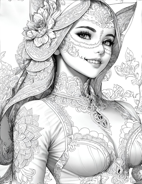 Premium ai image drawing coloring page sugar skull cat womens