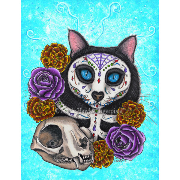 Day of the dead cat skull color black cat dãa de los muertos gato sugar skull cat art print fantasy cat art
