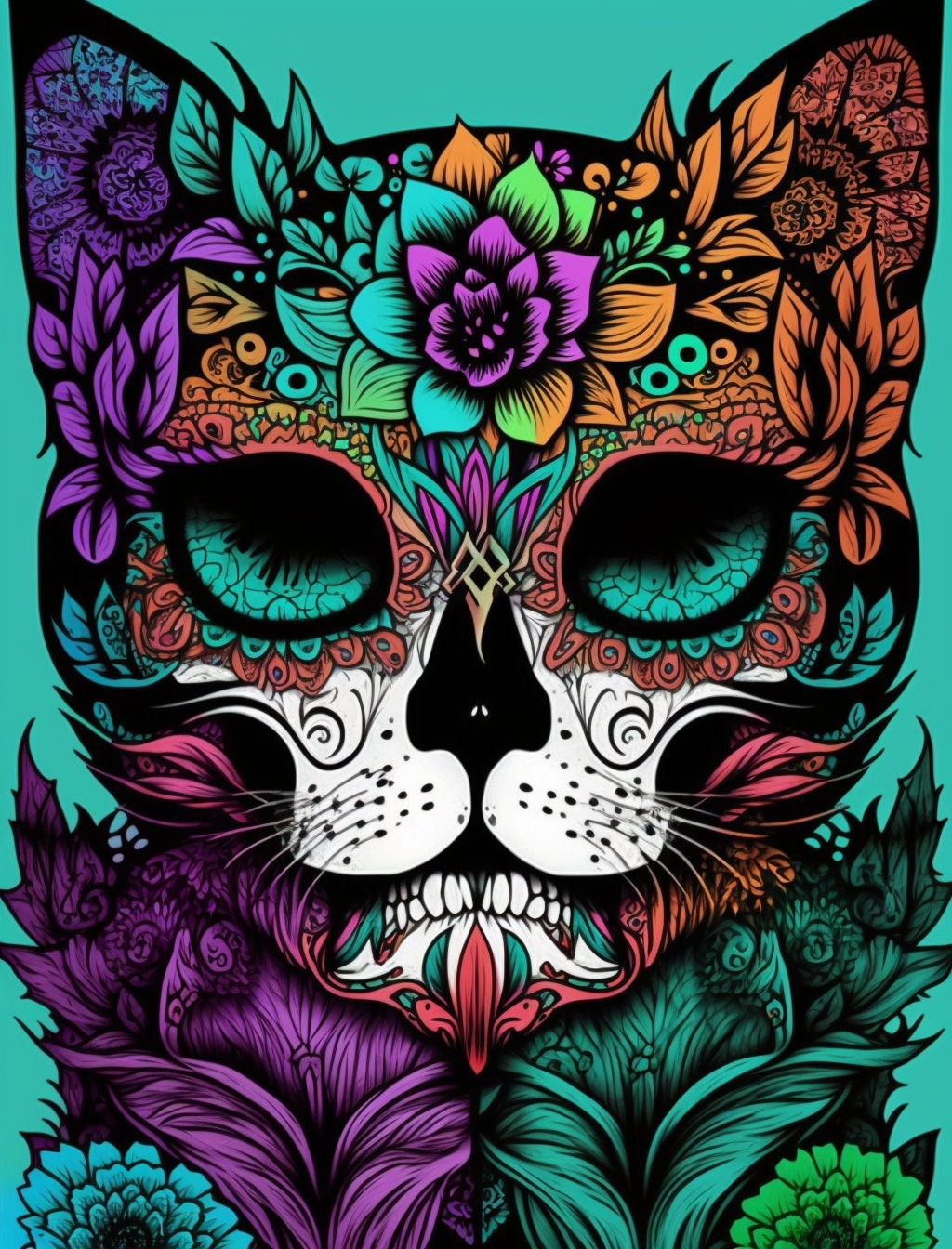 Sugar skull cats relaxing imaginative coloring pages therapeutic art cool cat skull coloring rainbow effect coloring book relaxing art pages instant download