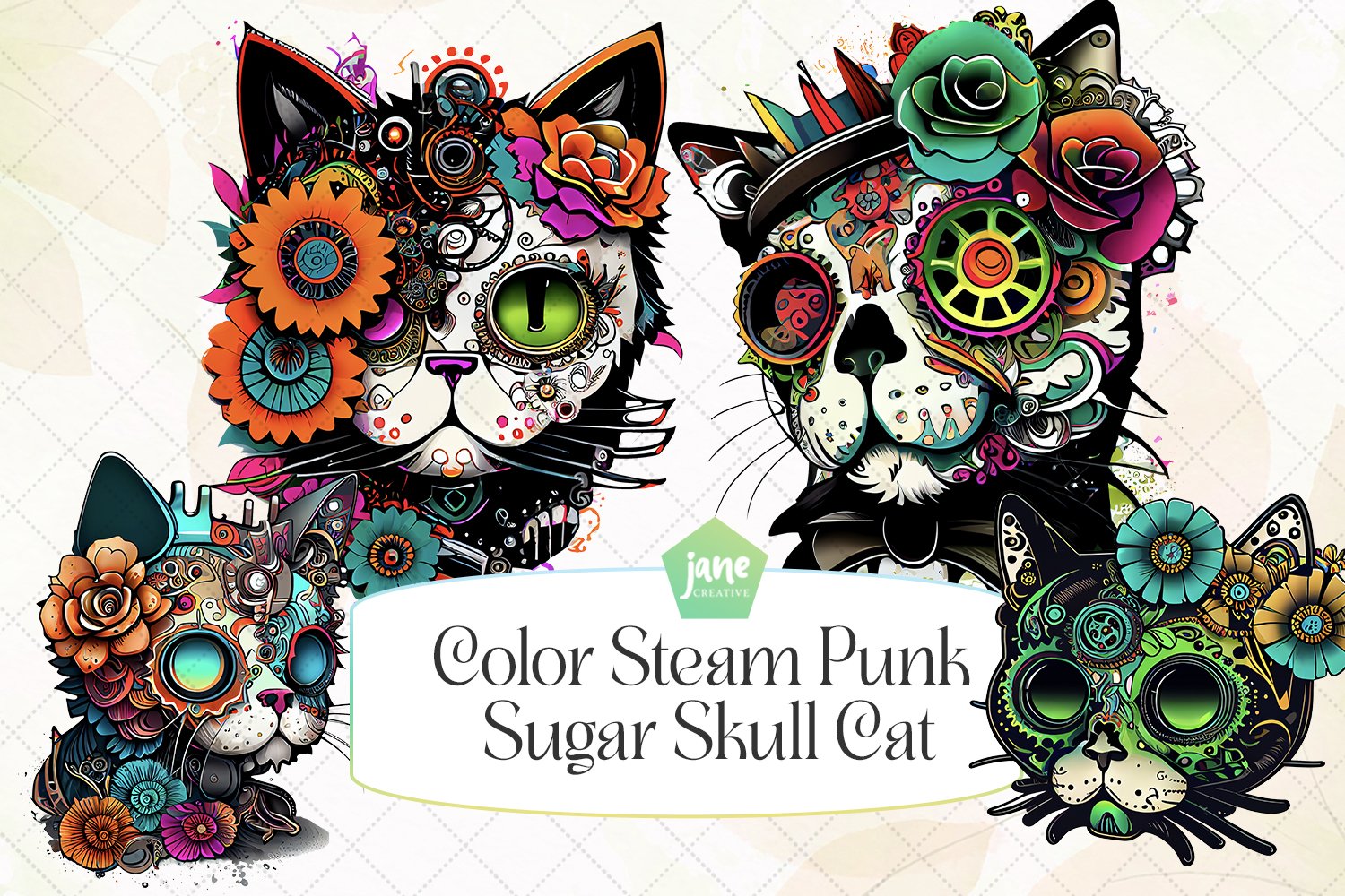 Color steam punk sugar skull cat watercolor sublimation