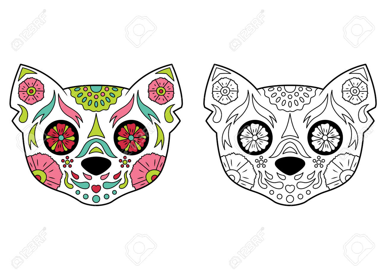 Cat sugar skull with coloring example the day of the dead coloring book design element for poster card print royalty free svg cliparts vectors and stock illustration image