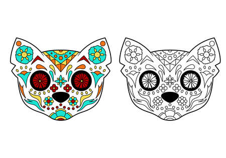 Cat sugar skull with coloring example coloring book design element for poster card banner print