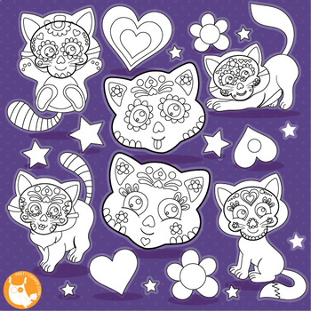 Sugar skull cat vector mercial use black lines clipart