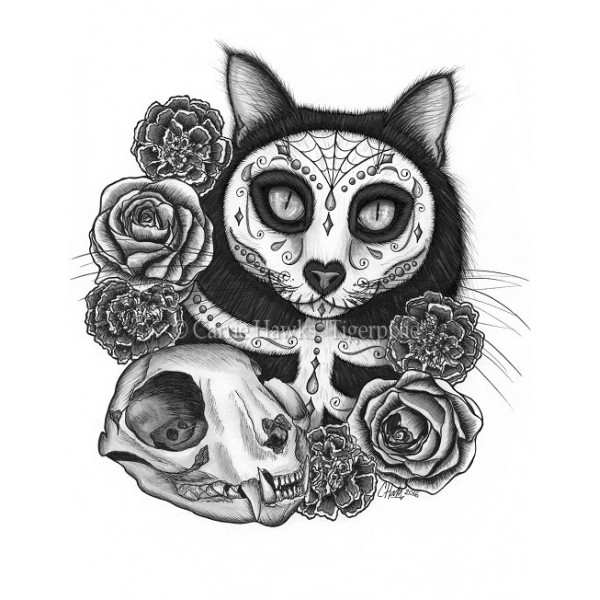 Day of the dead cat skull black cat dãa de los muertos gato sugar skull cat art print fantasy cat art