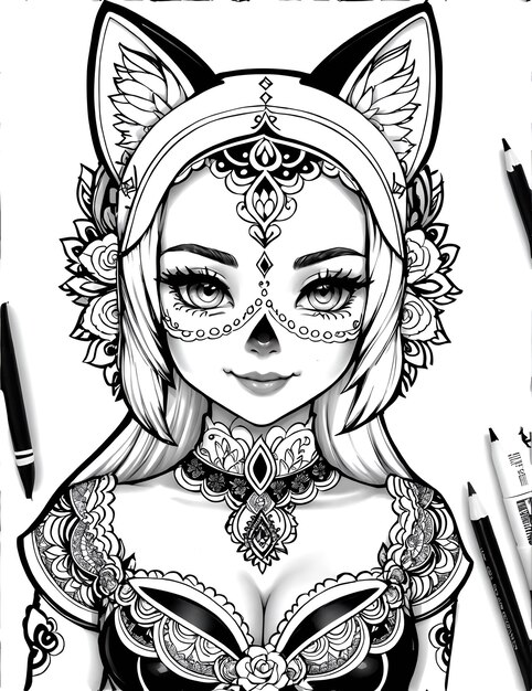 Premium ai image drawing coloring page sugar skull cat womens