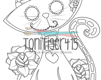 Sugar skull cat drawing instant digital download coloring page original day of the dead art dia de los muertos adult coloring page