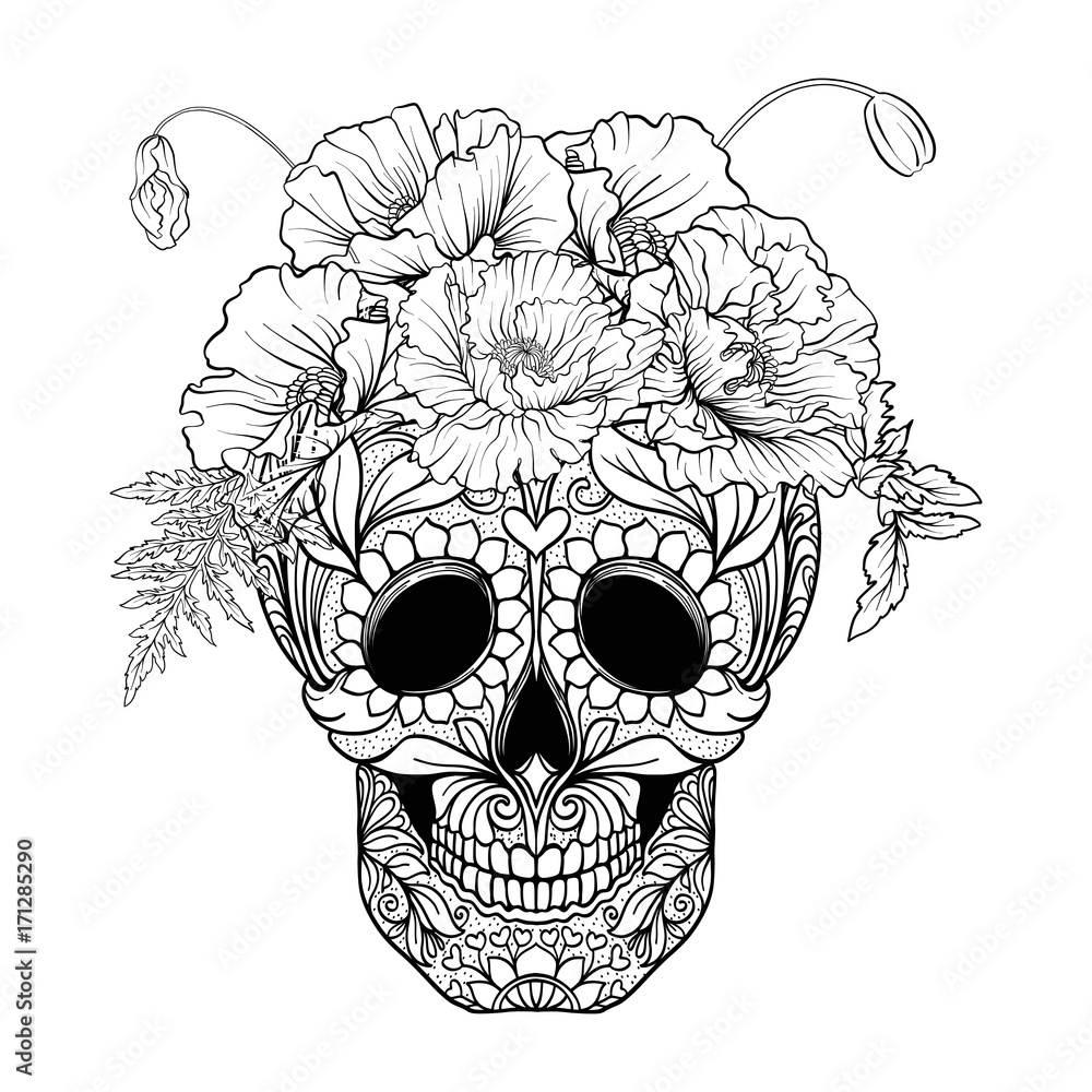 Sugar skull with decorative pattern and a wreath of red poppies line vector illustration outline hand drawing coloring page for adult coloring book vector