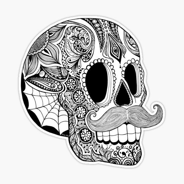 Mustache sugar skull black white sticker for sale by tammy wetzel