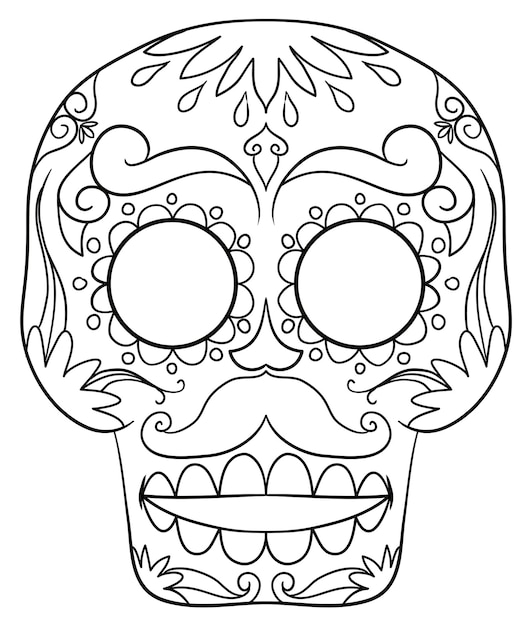 Premium vector skull with mustache and traditional mexican pattern to color it for day of the dead celebration