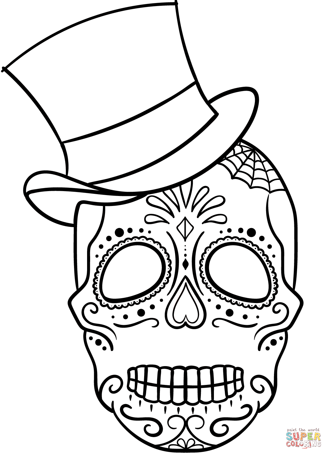 Sugar skull with top hat coloring page free printable coloring pages