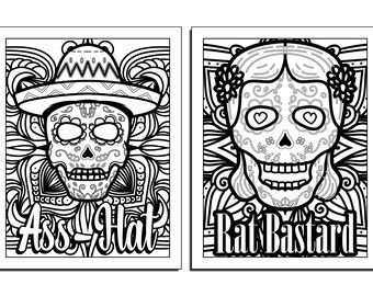 Day of the dead sarcastic coloring pages featuring intricate sugar skulls and lots of cuss words